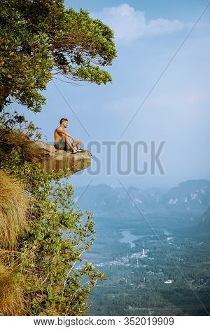 Khao Ngon Nak Nature Trail Krabi Thailand Or Dragon Crest, Man Climbed To A Viewpoint On The Top Of 