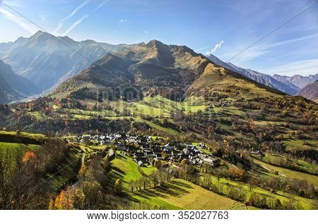 Autumn Image Of The Azet Village Located In Pyrenees Mountains.
