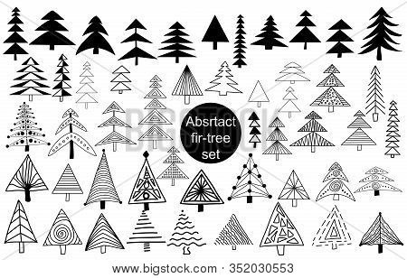 Set Of Abstract, Asymmetric Fir Trees In Scandinavian Style. Isolated Elements On White Background. 