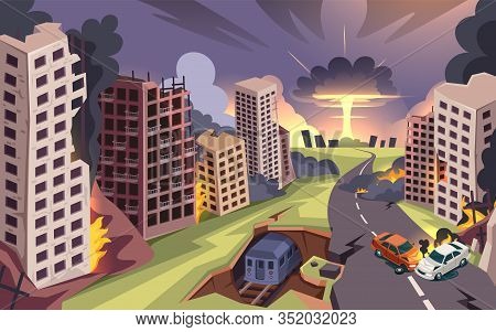 Ruined City From Nuclear Bomb Explosion, War Destroyed Buildings And Burning Cars, Cartoon Backgroun