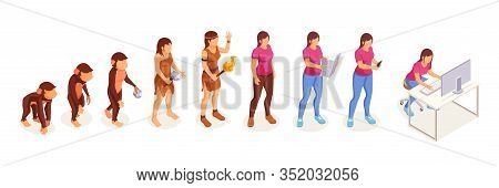 Human Evolution Of Monkey To Modern Woman At Computer, Icons. Women Evolution And Life Development P