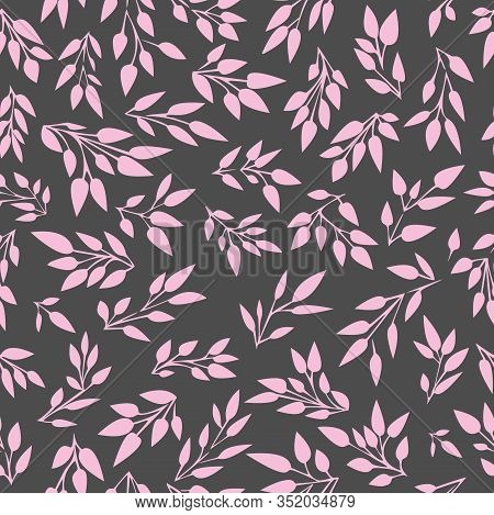 Seamless, Vector Illustration Of Branches On A Dark Background. Pink Branches On A Gray Background. 