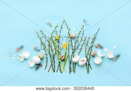 Easter Greeting Card Or Banner Template Concept, Holiday Botanical Flat Lay Arrangement
