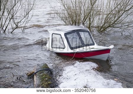 Boat Capsized Sunk In Flooded Lake Due To Deep River Water Balmaha In Loch Lomond