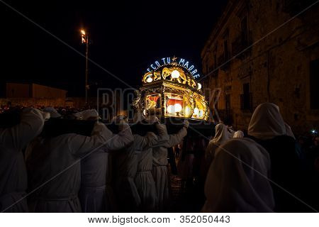 Leonforte, Sicily - April, 19: Christian Brethren During The Traditional Good Friday Procession On A