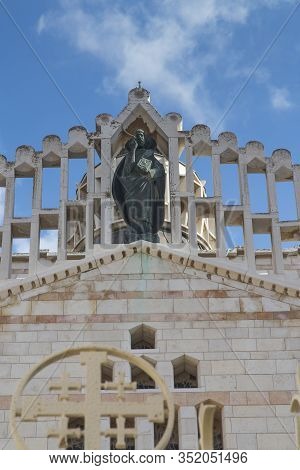 Main West Facade Of The Basilica Of The Annunciation To The Virgin Mary In Nazareth In Israel Visibl