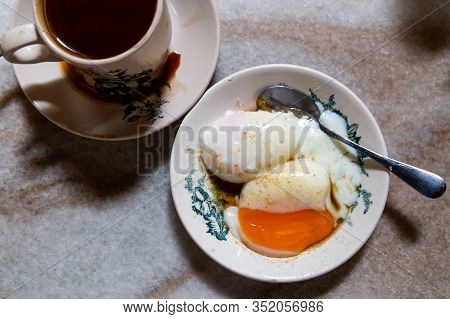 Half Boiled Organic Eggs And Coffee, Popular Nutritious Chinese Style Breakfast In Malaysia Kopitiam