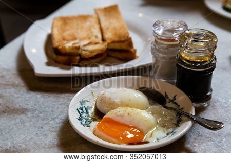 Half Boiled Organic Eggs And Toast Bread, Popular Nutritious Chinese Style Breakfast In Malaysia Kop