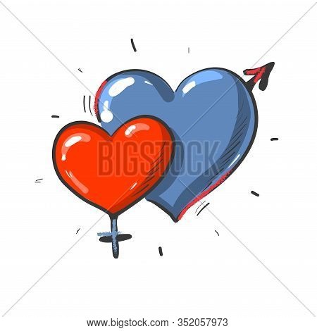 Two Hearts Masculine And Feminine Gender, Blue And Red Heart Shapes Isolated On White