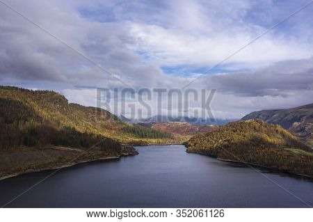 Beautiful Aerial Drone Landscape Image Of Glorious Autumn Fall Sun Over Thirlmere In Lake District
