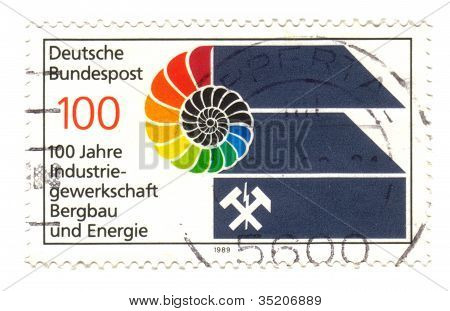 Germany - Circa 1989: A Stamp Printed In Germany, Shows Mining And Power Industry Trade Union, Circa