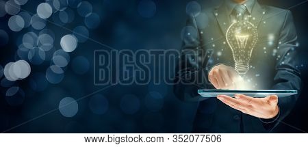 Creative Company Give You Their Creativity And Ideas. Hands With Digital Tablet And Graphics Light B