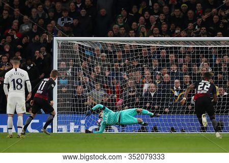 LONDON, ENGLAND. 19 FEBRUARY 2020. Forward Timo Werner Of Leipzig scores from a penalty against Goalkeeper Hugo Lloris of Tottenham during the UEFA Champions League