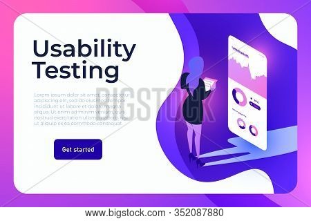 Mobile App Testing. Business Woman Testing Usability Of Application On A Big Mobile Phone Isometric 