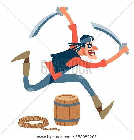 Pirate. Wiry, Assertive Pirate Attacks The Victim With Two Swords. Fearlessly Runs Forward. Vector I