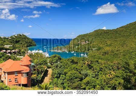 Marigot Bay.  The View Across Marigot Bay In St Lucia.  Marigot Bay Is Located On The West Coast Of 
