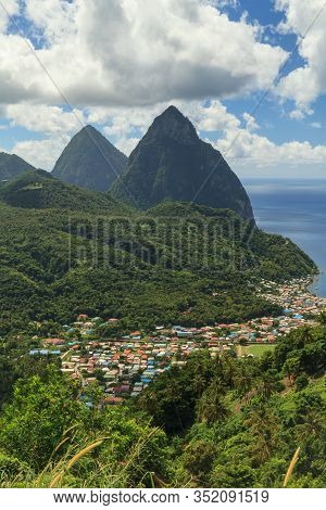 The Pitons, St Lucia.  The Pitons Are Two Volcanic Spires On The Caribbean Island Of St Lucia And Ar