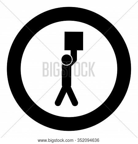 Man Carries Load In His Arms Above Himself Stick Work On Delivery Parcel Icon In Circle Round Black 