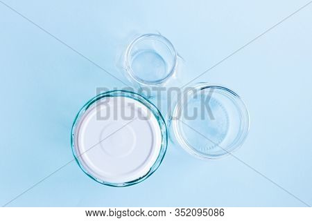 Reusable Cotton Bag And Glass Jars On A Blue Background. Zero Waste Shopping. Sustainable Living, Pl