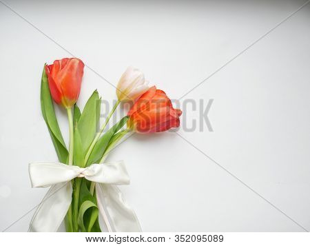 Bouquet Of Tulips With White Ribbon Isolated On White Background. Top View. Copy Space