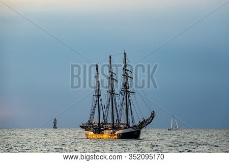 Windjammer On The Baltic Sea In Warnemuende, Germany.