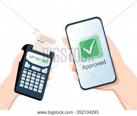 Vector Illustration, People Pay Bills Via Terminal, Contactless Payment Concepts With Hand Holding A
