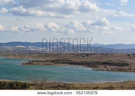 Landscape View Of The Taigan Reservoir On The Outskirts Of The City Of Belogorsk In Crimea. Sunny Da