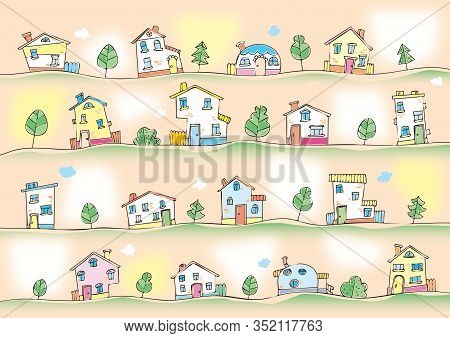 Tiny Hill Village With Trees And Clouds