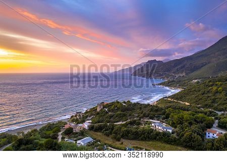 Aerial View Of Corsican Coast On Cap Corse Near Farinol. Corsica, France.