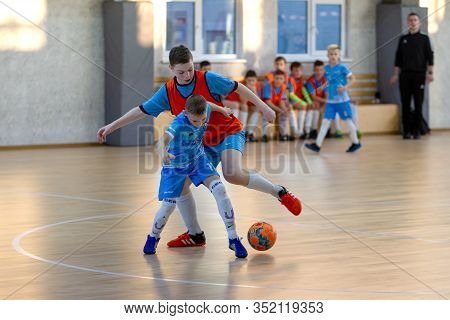 Odessa, Ukraine- Febr 17, 2020: Little Boys, Children Play Mini Football In Sports Hall At Sports Ci