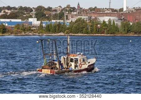 New Bedford, Massachusetts, Usa - October 15, 2019: Small Commercial Fishing Boat Low Mileage Homebo