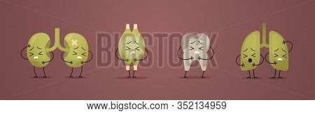 Unhealthy Anatomical Mascot Kidneys Muscle Tooth Lungs Sick Damaged Green Characters Human Body Inte