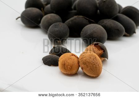 Dried Black Dialium With Shell And Half Open Isolated On White Background.