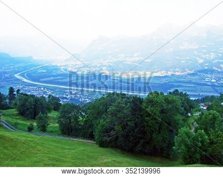 View Of The Rhine River Valley (rheintal) From The Slopes Of The Liechtenstein Alps Mountain Range -