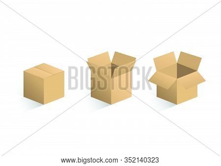 Set Of Brown Cardboard Box, Closed And Open Cardboard Box With Shadow, Axonometric View, Flat Vector