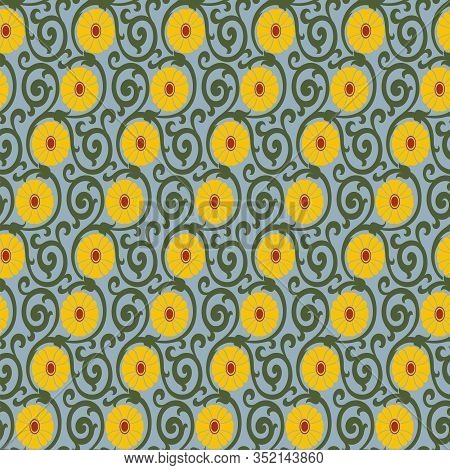 Seamless Pattern In Two Colour Flower And Lite Green Background