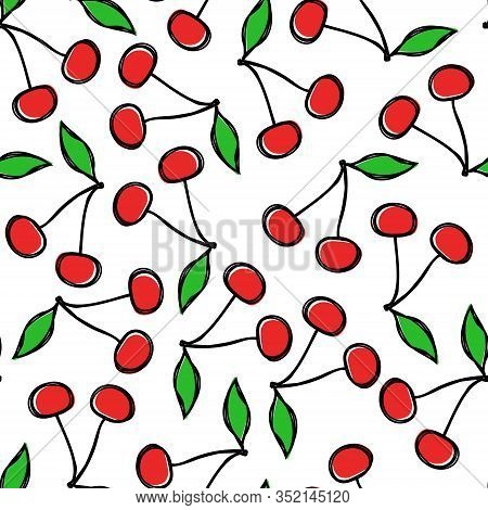 Seamless Summer Pattern With Cherries. Tasty Berries Drawn In Line Art And Colored In Misprint Style