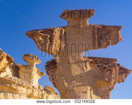 Tourist Attraction In Region Of Murcia, Spain. Enchanted City Of Bolnuevo, Natural Yellow Sandstone 