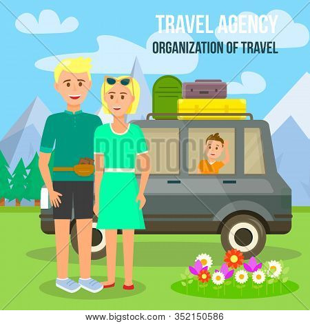Travel Agency. Organization Of Travel Square Banner With Copy Space. Couple Stand At Car With Luggag