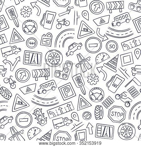 Road Signs, Markings, Traffic Lights And Cars. Hand Drawn Seamless Pattern. Vector Illustration In D