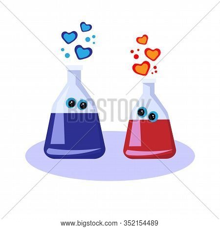 Vector Illustration Chemistry Love In Flasks. Test Tubes And Flasks From Glass And Plastic For Chemi