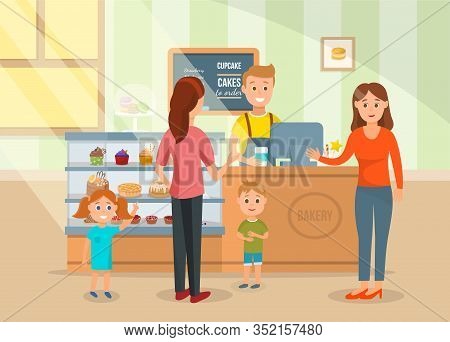 Two Mothers And Kids At Bakery Shop Illustration. Flat Cartoon Woman Ordering Cake For Birthday Part