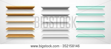 Set Of Isolated 3d Book Shelf. Wooden And Glassware, Metallic Realistic Shelves For Shop Or Office. 