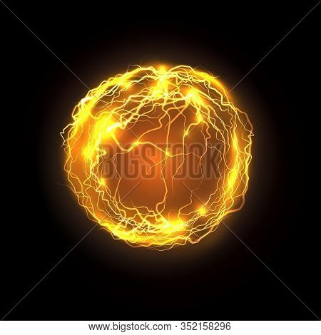Magic Power Bolt And Lightning. Realistic Vector Energy Ball Or Magical Orb, Plasma Abstract Backgro