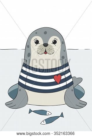 Seal Cute Sea Lion, Animal In Sailor T-shirt. Hand Drawn Funny Illustration. Childish Print For Nurs