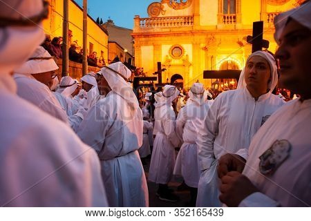 Leonforte, Sicily - April, 19: Christian Brethren During The Traditional Good Friday Procession On A