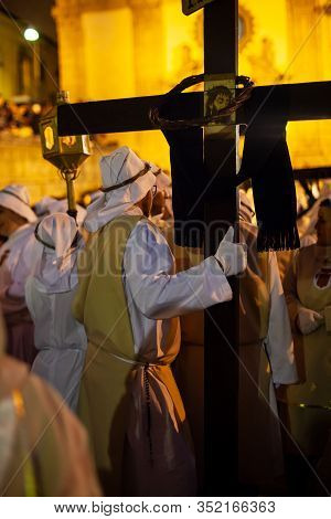 Leonforte, Sicily - April, 19: Christian Brethren During The Traditional Good Friday Procession On A