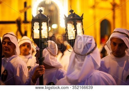 Leonforte, Sicily - April, 19: Christian Brethren During The Traditional Good Friday Procession On A