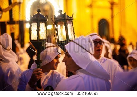 Leonforte, Sicily - April, 19: Christian Brethren During The Traditional Good Friday Procession On A