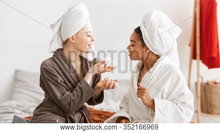 Sensual International Spa Girlfriends Testing New Body Lotion, Having Beauty Day At Home, Panorama